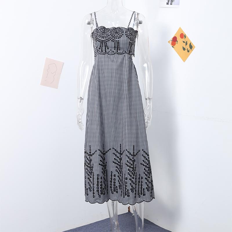 

Платье на бретельках в клетку с вышивкой, женское летнее пляжное платье без рукавов с высокой талией, женский халат L