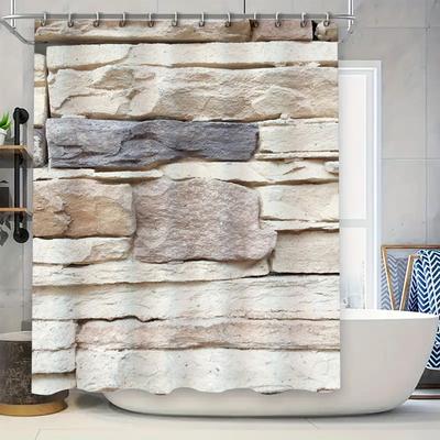 Druck Duschvorhang Steinmauer Wasserdicht Badezimmerdeko Wasserdichter Stoff Dekoratives Badematten-Set Heimdeko (Weiß)
