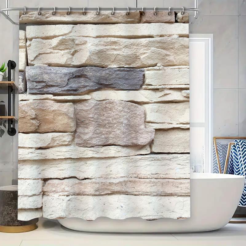 Stone Wall Print Shower Curtain Waterproof Bathroom Decor Waterproof Fabric Decorative Bath Mat Set Home Decor (White)