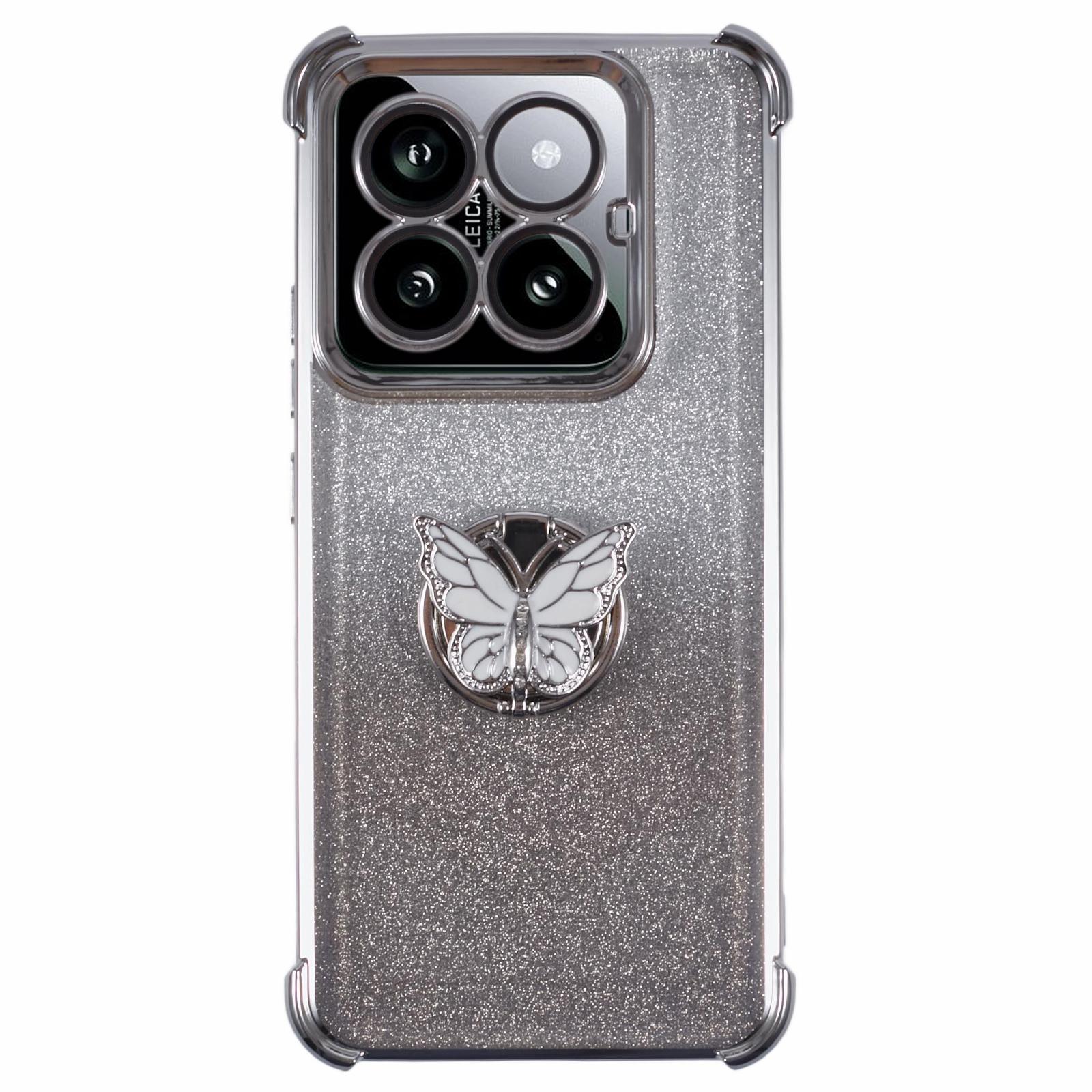

For Xiaomi 14 Pro Case Butterfly Kickstand Glitter TPU Shockproof Phone Cover Silver