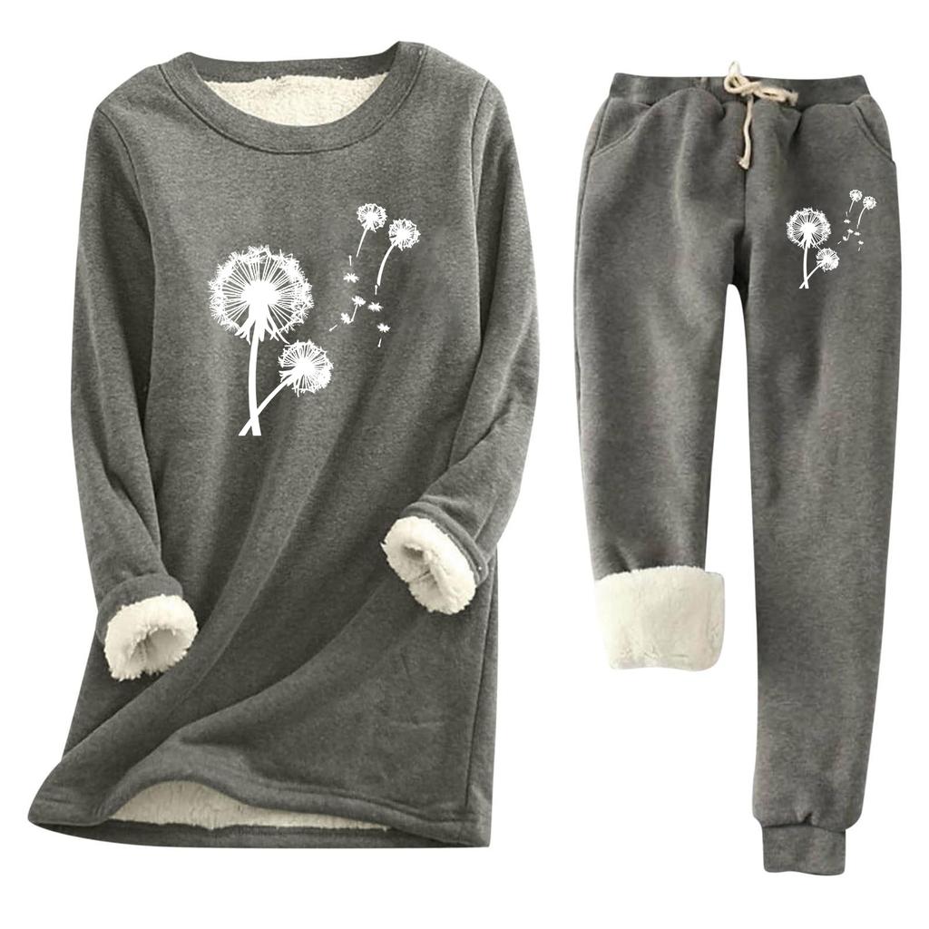 Women's Print Round Neck Warm Suit Long Sleeve Fleece Drawstring Sweatpants Two-Piece Set