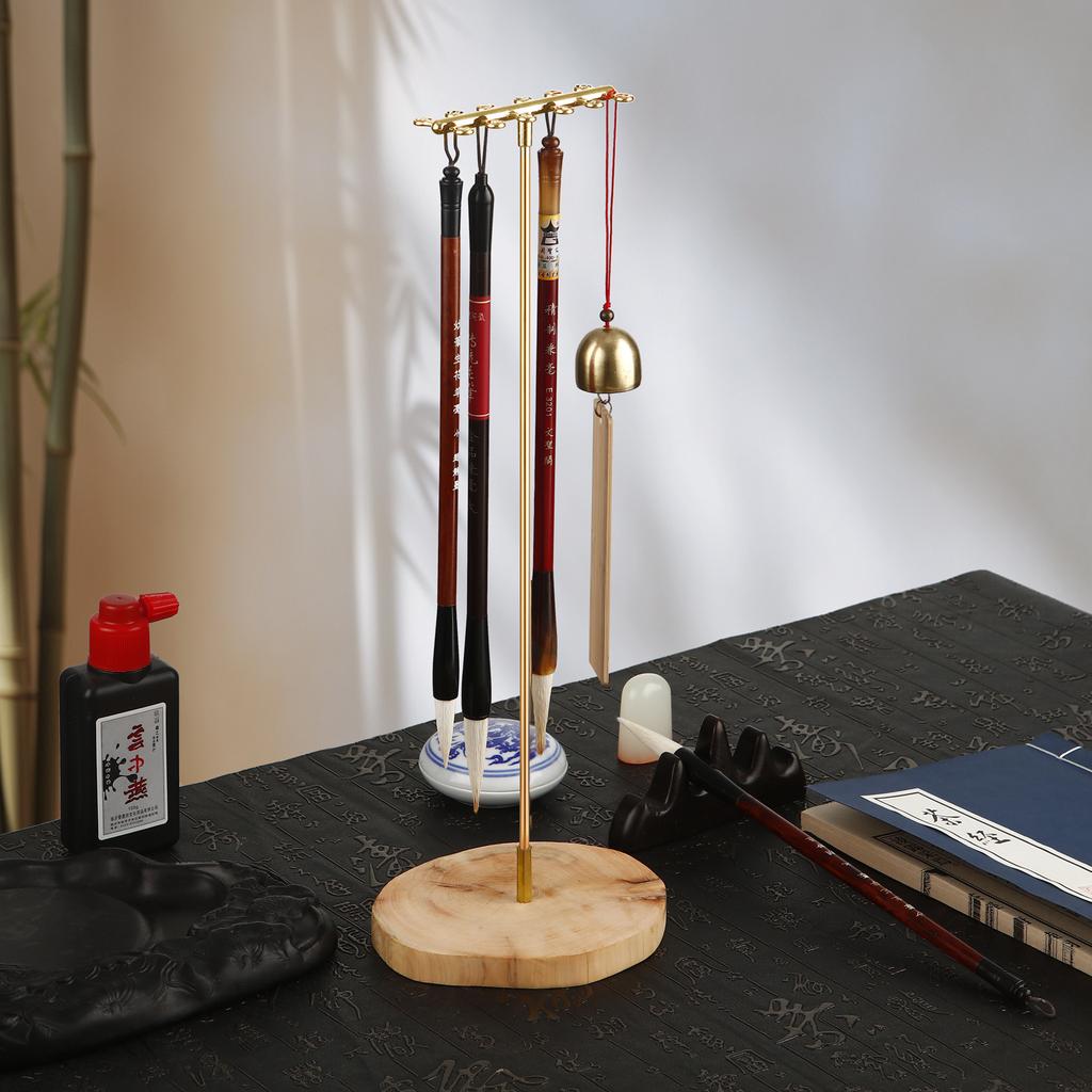 Chinese Zodiac Brush Pen Holder with Beechwood Base Calligraphy Rest Ink Hanger 12 Hooks Writing Brush Holder School Stationery