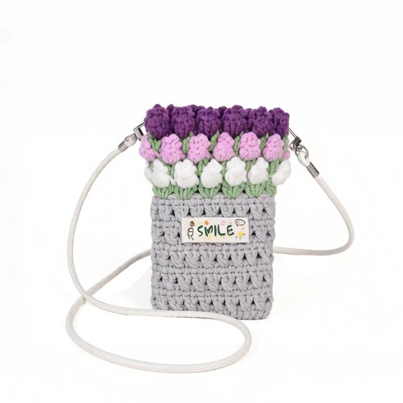 Knit Rose Pattern Mini Shoulder Bag With Phone Pocket For Daily Use