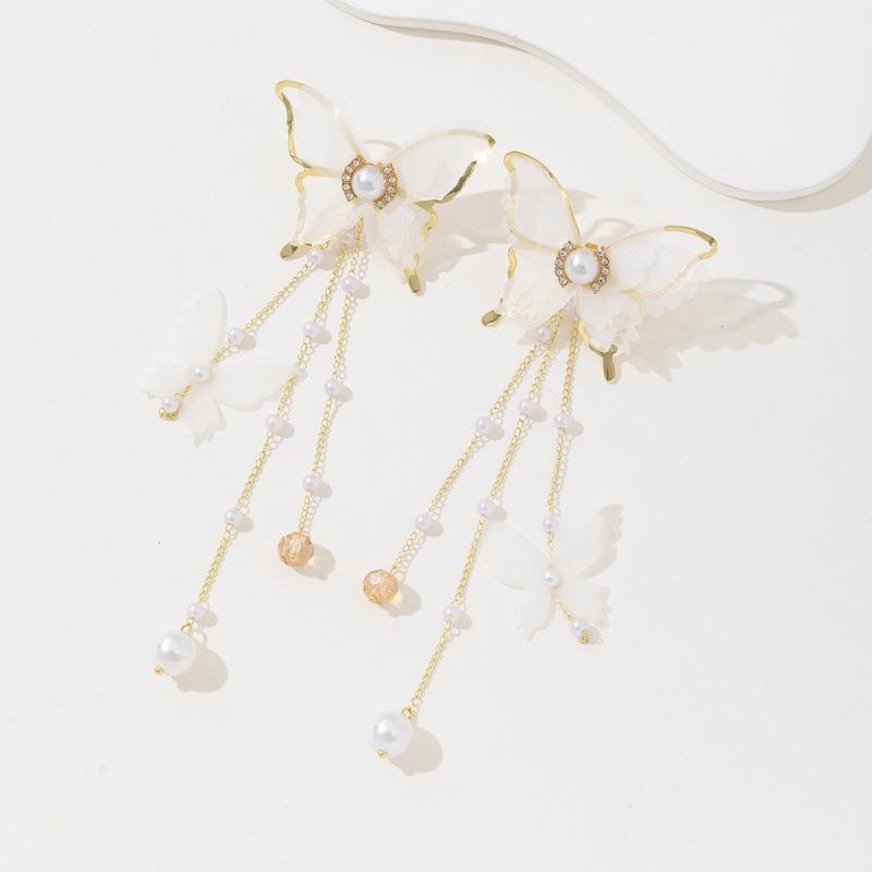 New Elegant Fairy Chiffon Buterfly Tassel Earrings For Women Fashion Imitation Pearl Dangle Drop Earrings Party Wedding Jewelry Gifts