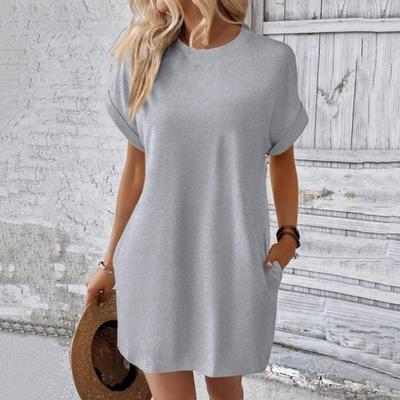 Summer Women Dress Round Neck Short Sleeves Side Pockets Loose Solid Color Above Knee Length Dolman Sleeve Casual Soft Breathable Lady Mini Dress