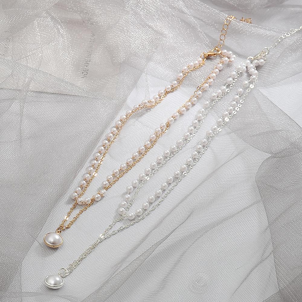 Kiss Jewelry Vintage Gold Color Pearl Beaded Necklace Women Double Chains Pearl Pendant Choker Korean Fashion Collar Jewelry