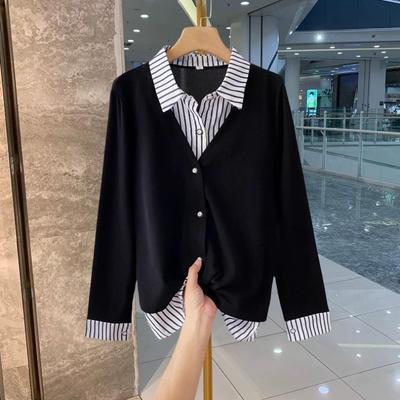 Camisa de Manga Larga Informal de Otoño, Empalmada de Dos Piezas Falsas, Cuello Solapa, Holgada, Botones, Top Versátil