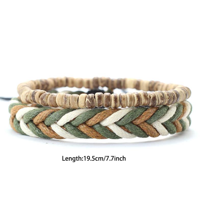 2Pcs Vintage Ethnic Style Natural Wood Beads Stacked Woven Hand Rope Bracelet Set Men Bohemian Couple Beaded Braclet