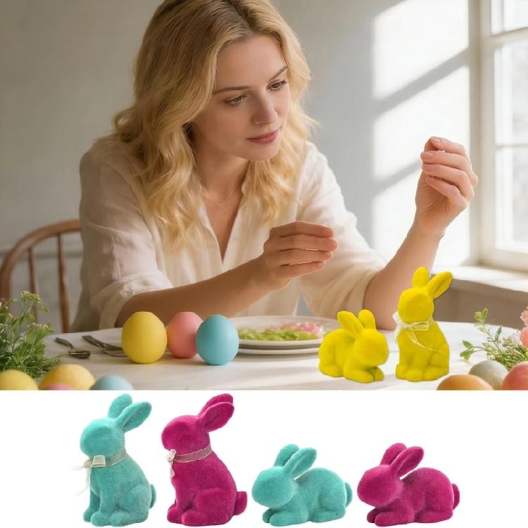2Pcs/set Lovely Flocking Easter Rabbit Statues Small Resin Desktop Ornament Ideal For Party Table Centerpieces