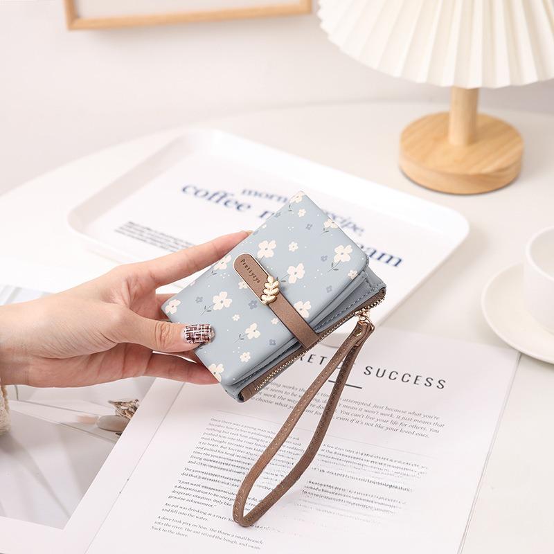 Female Wallet PU Flower Zipper Multi Card Folding Handheld Coin Student Zero Wallet