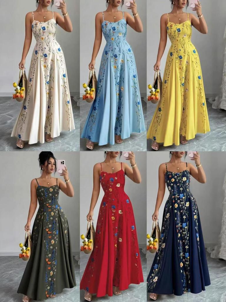 2026 European & American Summer Fashion Spaghetti Strap Print Dress