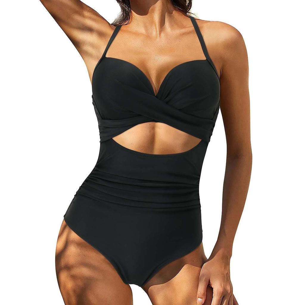 One Piece Swimsuit Women Halter Neck Cutout Waist Detail Floral Print Plus Size Swimwear Beachwear