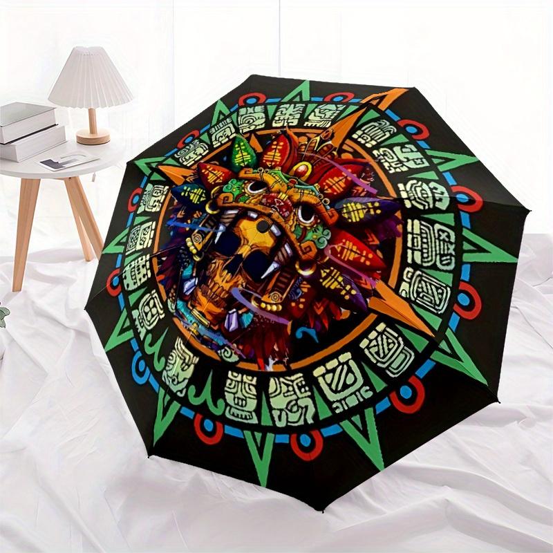 1pc Mayan Calendar Skull Automatic Open/close Umbrella, 8-Rib Sturdy Structure, Portable Travel Umbrella, Parties, Everyday Use, Outdoor Acc