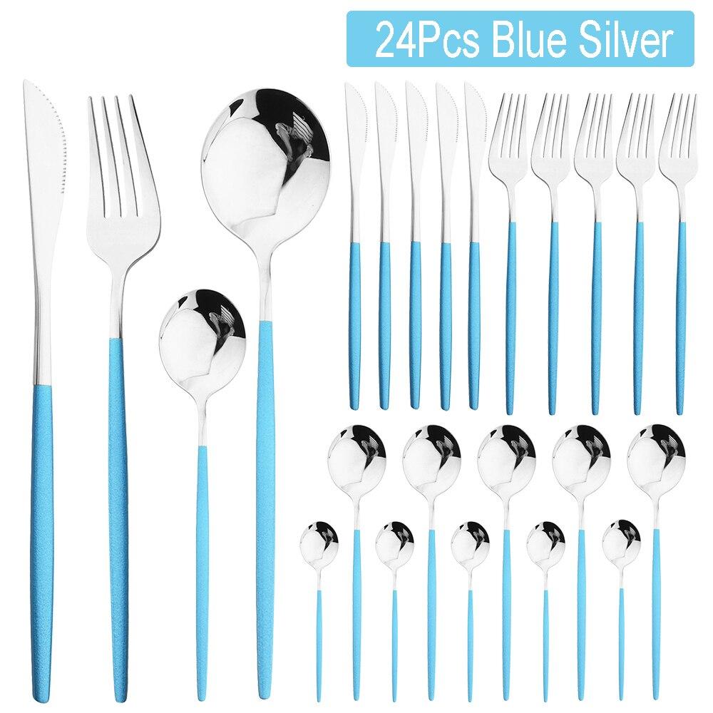 24Pcs Tableware Set Stainless Steel Dinnerware Knife Fork Spoon Dinner Flatware Kitchen Colorful Elegant Black Gold Cutlery Set