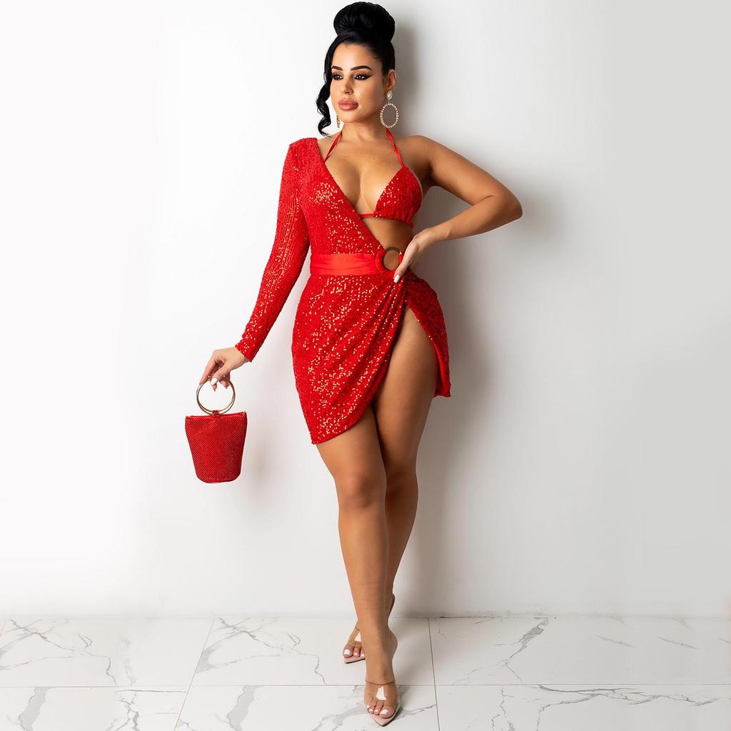 X5307 Women's Sexy Sequin Irregular Club Dress