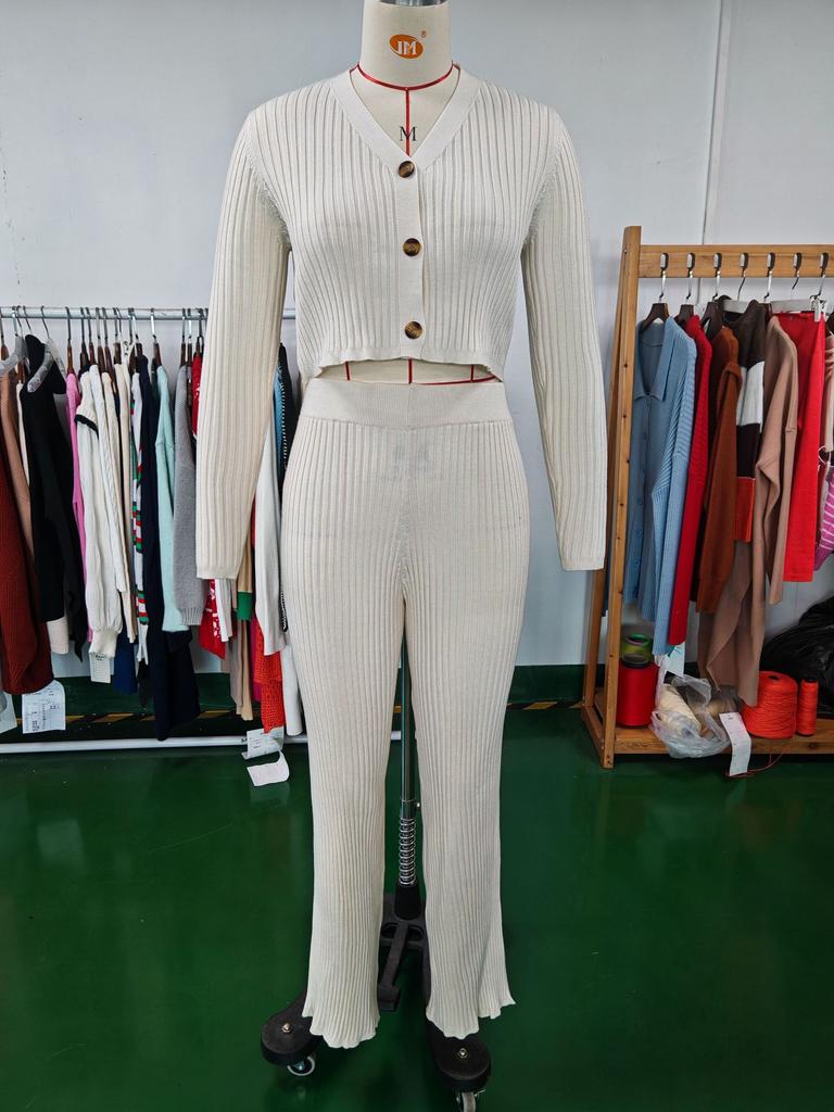 Solid Color Two-Piece V-Neck Short Knitted Cardigan Flared Pants
