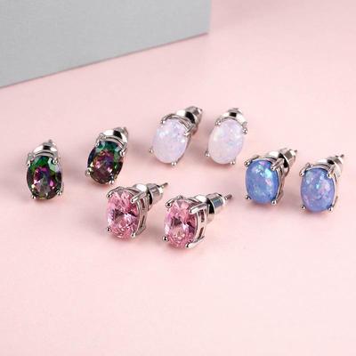 Minimalist Oval Opal Stud Earrings - Stylish and Versatile Four-Prong Design for Women
