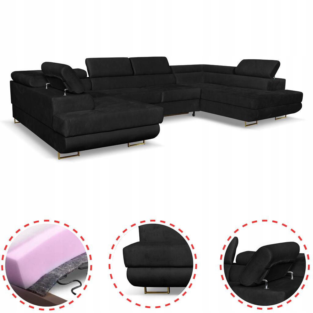 U-shaped Corner Sofa Bed, Extendable F. Bosso Family Sleeping Furniture Black Velvet