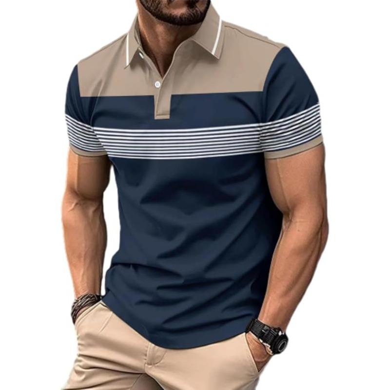 Short Sleeved Men's Fashion Color Blocked Polo Shirt Casual T-shirt Striped Moisture Wicking Golf Shirt Top