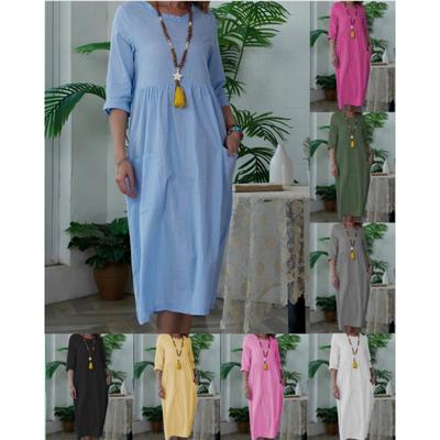 Letnia sukienka średniej długości damska sukienka z okrągłym dekoltem w jednolitym kolorze