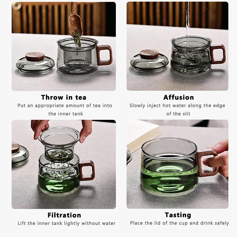 Tazza da tè in vetro con manico in legno e coperchio con tazza filtro separatore tè-acqua resistente al calore set da tè Kung Fu tazza da tè da ufficio