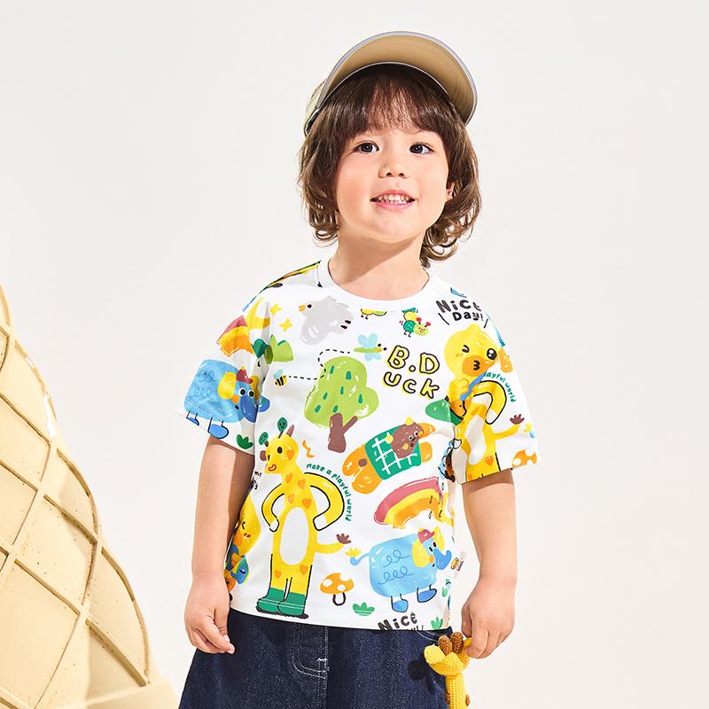 B. Duck Yellow Duck Children's Clothing 2026 New Summer Cartoon Printed Short Sleeved Cute T-shirt for Boys and Girls