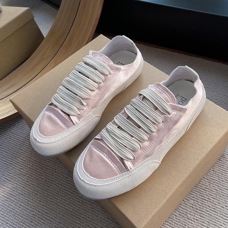 Flat single shoes little white shoes women's satin shoes Spanish niche shoes 2025 new casual sports board shoes half slippers