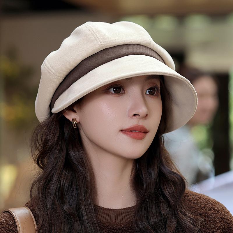 Polyester Beret for Women - Elastic Pleated Octagonal Cap with Short Brim, Packable Drawstring Beret
