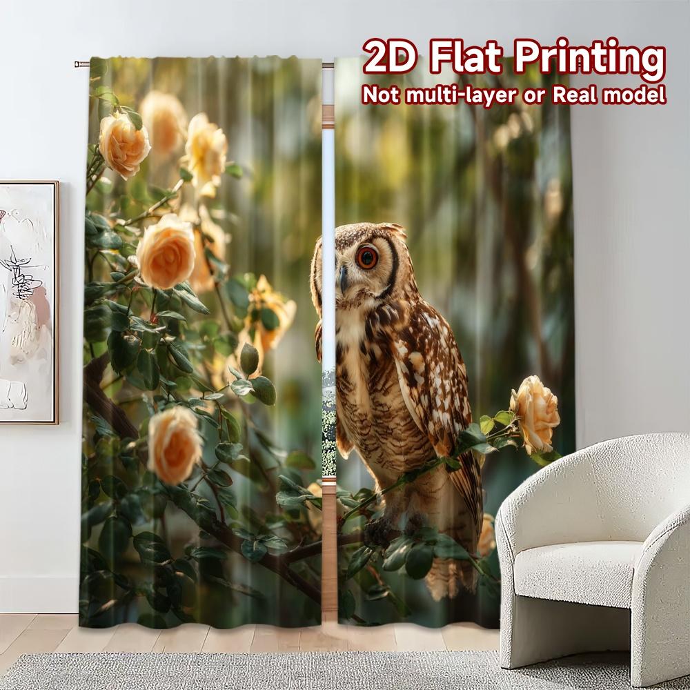 Set Of 2 Flat Printing Curtains Without Rod Blossom Owl Roller Blinds Semi Decorations Inside Modern Sheer Made Polyester