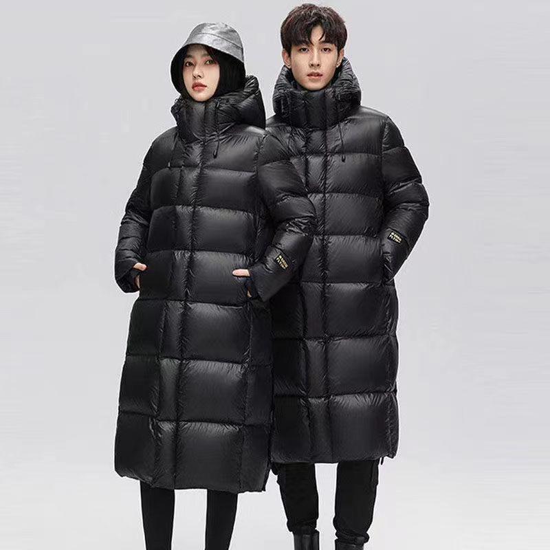 Couple men's and women's down jackets new glossy leave-in black gold long loose knee thickened white duck down jacket