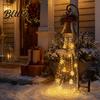 Outdoor Christmas Pathway Lights Solar Bell Waterfall Light LED Metal Garden Stake with Red Ribbon Bronze Lawn Ornaments Auto On/Off Waterproof