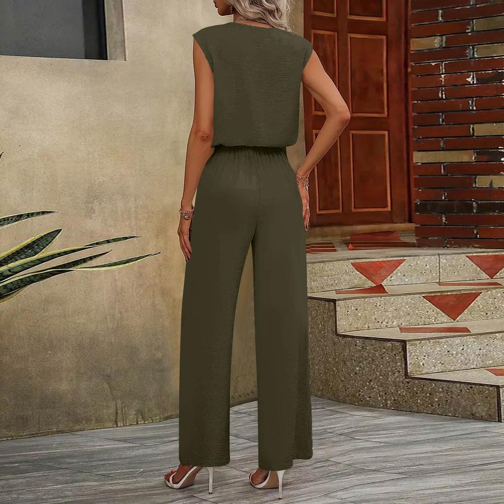 Women Sleeveless V Neck Two Piece Set Loose Fit Top with Tie Waist Wide Leg Pants Casual Lounge Outfit for Everyday Wear