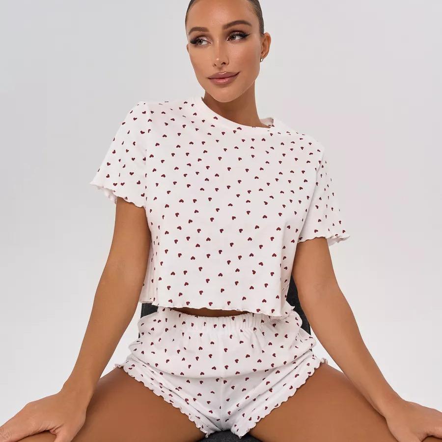 Russian Cotton Heart Print Pajama Set - Women's Short Sleeve & Shorts, European/American Style.