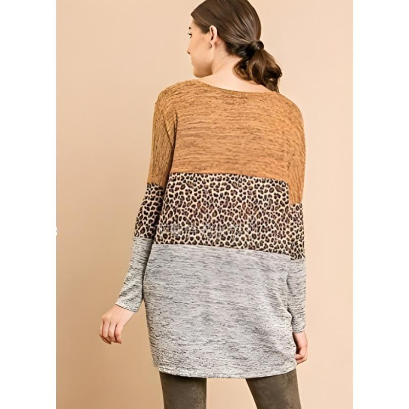 Women's V-neck Leopard Print Contrast Stitching Long-sleeved T-shirt Top