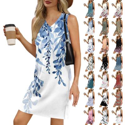 Kadın V Yaka Yazlık Günlük Plaj Tatili Kadın Kolsuz Çiçek Desenli Güneş Elbisesi