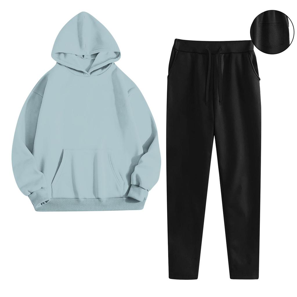 Women's Fashionable Relaxed-Fit Hooded Sweatshirt With Pockets And Fleece-Lined Trousers Set