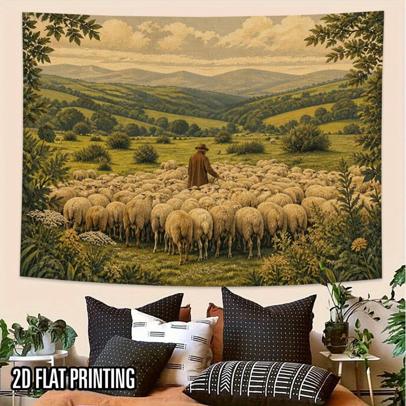 2D Flat - 2D Flat - 2D Flat Print 1pc Tapestry Pastoral Shepherd Leading Sheep Through Valley Tapestry, Rural Landscape Art Decor Oversized Polyester