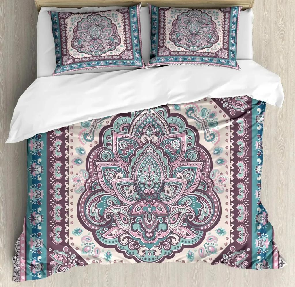 South Mandala Floral Bedding Set Vibrant Color Ornamental Illustration Duvet Cover Set Bohemian Mandala Lotus Design Quilt Cover
