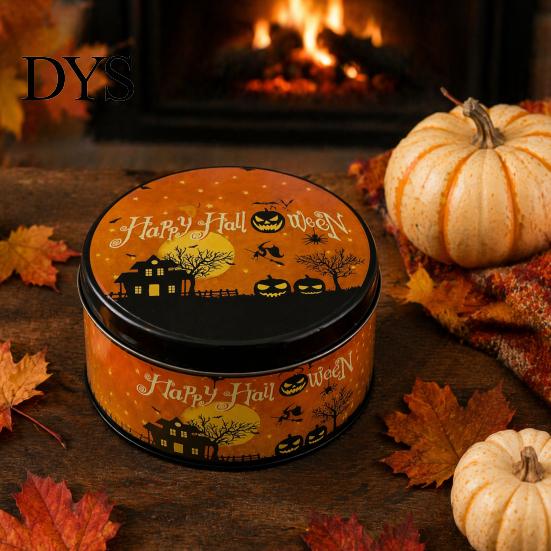 Small Metal Trinket Case Halloween Round Tin Box, Candy Cookie Storage Container with Pumpkin Witch Themed Gift Box Print, Spooky Party Favor Reusable