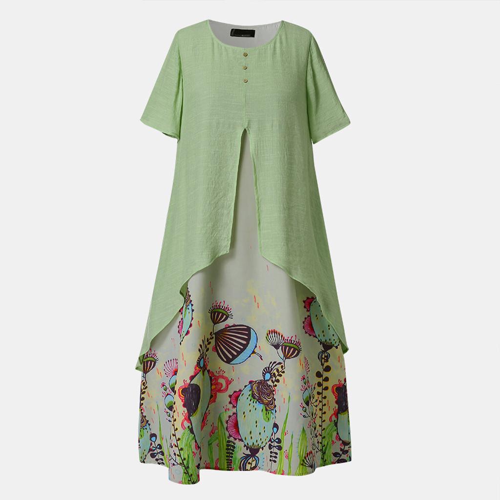 Women Vintage Fake Two Piece Dress Floral Print Short Sleeve  Long Dress