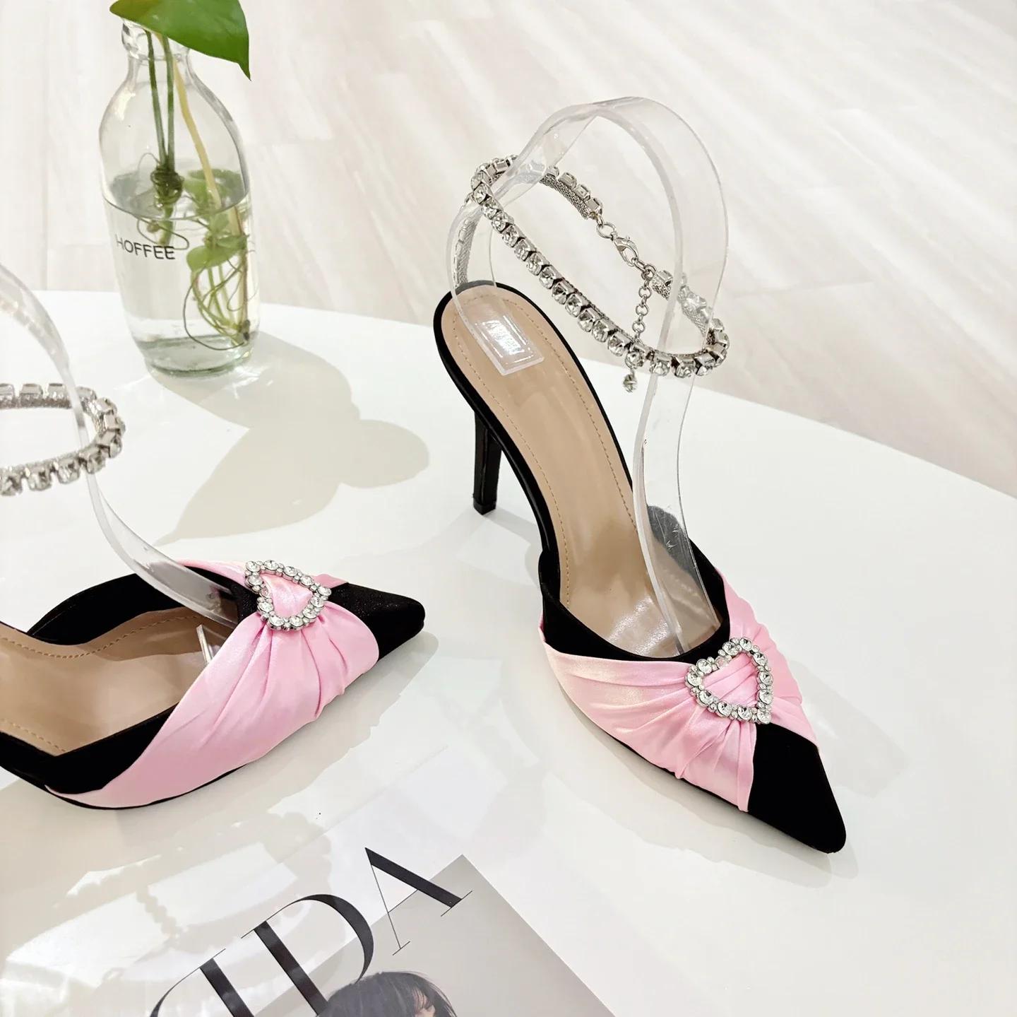 

Xibeilove летние женские туфли-лодочки модные с острым носком Love Rhinestone Chain атласные босоножки на высоком каблуке женские туфли для вечеринки и свадьбы 35