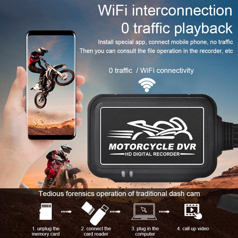 WIFI Motocyklová palubní kamera DVR Duální 1080P Přední a zadní Vodotěsná motocyklová kamera Podpora Přehrávání videozáznamů Záznamník