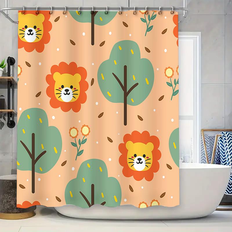 

Lion Tree Pattern Shower Curtain Orange Green Trees With Sunflowers For Bathroom Decor In White Color W60H190(CM)-1 Pcs