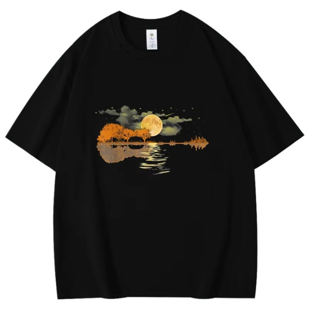 2026 Comfortable New Guitar Lake Reflections Print T Shirts Women Men Casual Round Neck Tees Top Summer Cool Loose Shirt 4XL