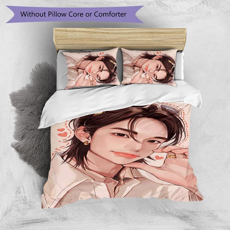 hyunjin Printed 3PCS Bedding Set Soft Breathable Duvet Cover Pillowcases Set Washable Bedroom Decor Home Gift