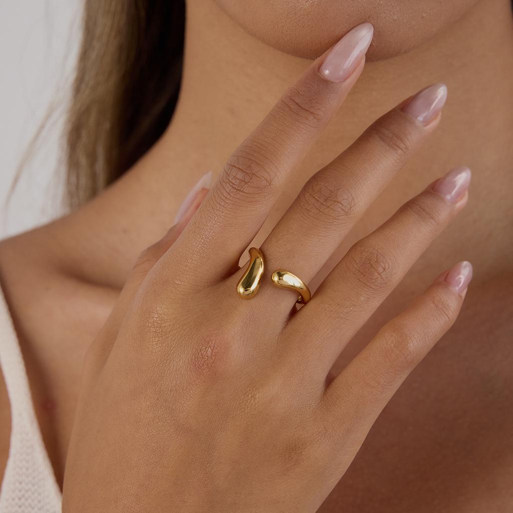 Yori Chic Polierter Tropfenförmiger Verstellbarer Offener Ring PVD Wasserbeständiges Metall Attraktiver Schicker Schmuck Damen