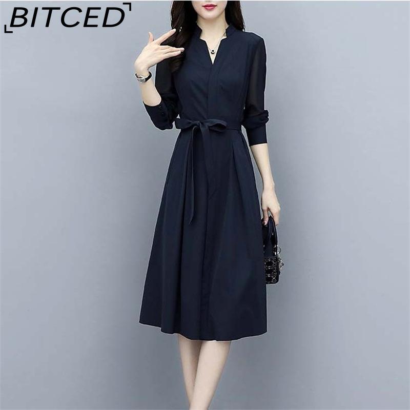 

BITCED Шифоновое платье с длинным рукавом для женщин Весна/Осень V-образный вырез Подчеркивающий талию Деталь с завязками Приталенный Французская элегантность Юбка А-силуэта XXL тёмно-синий