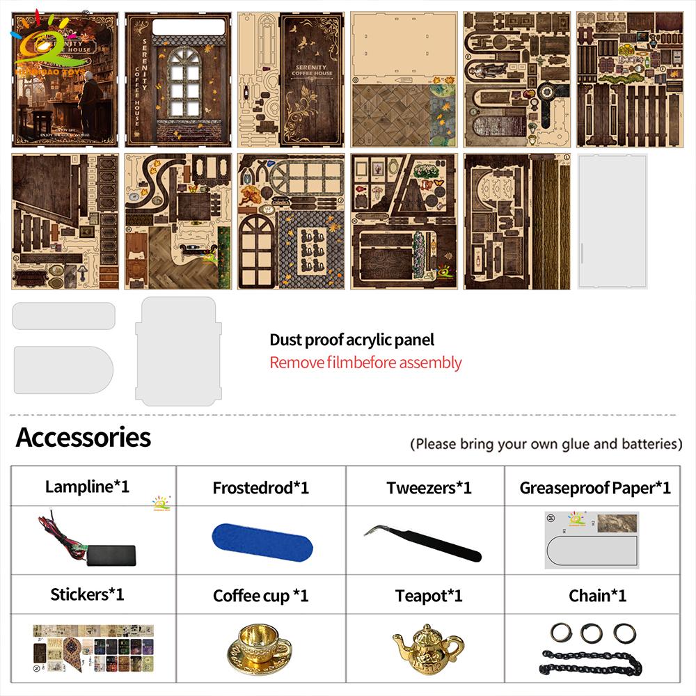 Maquette Maison de Café Rétro DIY Puzzle en Bois 3D Assemblage Étagère Coin Lecture Kits de Construction Miniature Jouets Faits Main