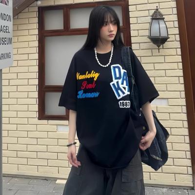 High Street Dopamin Buchstaben Handtuch Bestickt Rundhals Übergröße Oberteil Sommer Locker Lässig Großes T-Shirt Damen