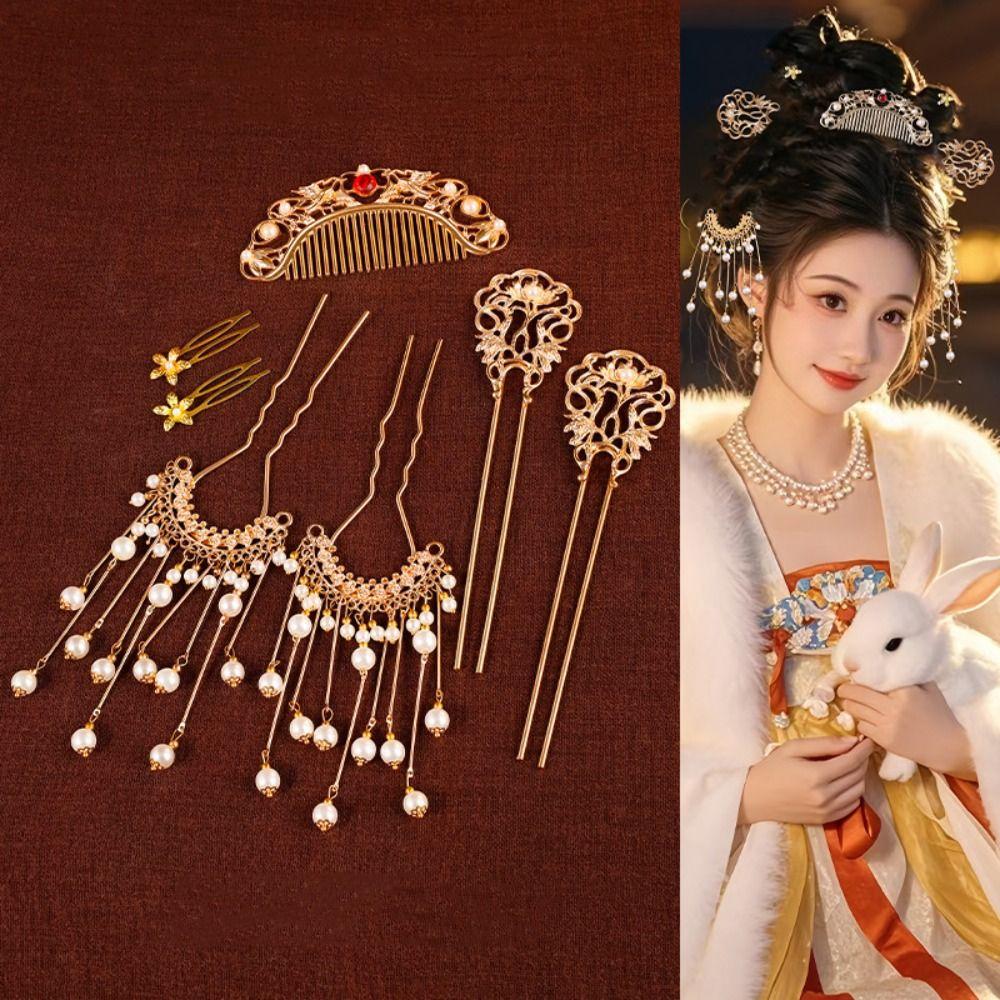 1 Set Pearl Tang Dynasty Hairpin Classical Flower Hair Comb Vintage Ancient Hair Stick  Women